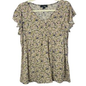 Suzanne Betro Tan Delicate Floral Pattern Soft Ruffled Short Sleeve Blouse